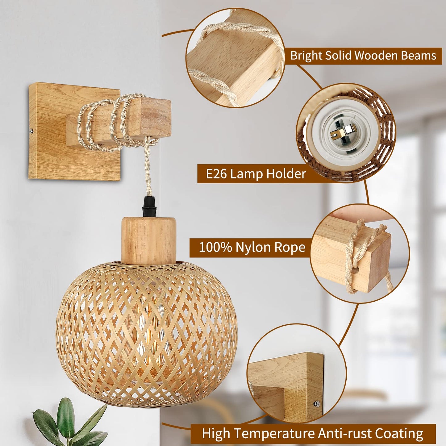 Frideko Bamboo Wall Sconce Lighting - Rattan Wall Lamps for Bedroom, Farmhouse Wall Light with Bamboo Lampshade, Rustic Boho Sconces Light Fixture for Living Room, 1 Pack