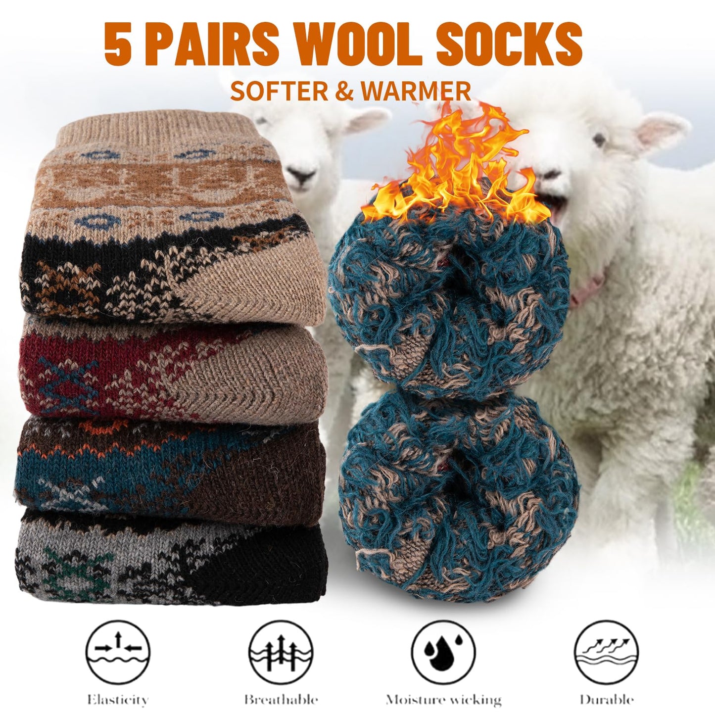 COOVAN Mens Warm Wool Socks Thermal Winter Thick Crew Socks Cold Weather Soft Cozy 5 Pairs
