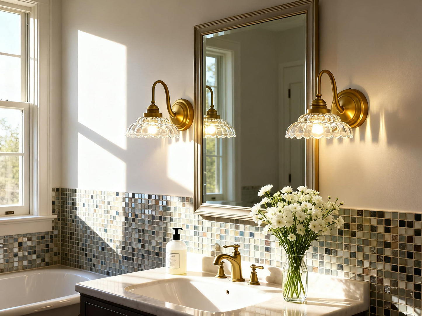 PERMO Vintage Gold Wall Sconce with Clrar Lotus Glass Shade Hardwired Bathroom Vanity Light for Mirror, Bedroom & Hallway
