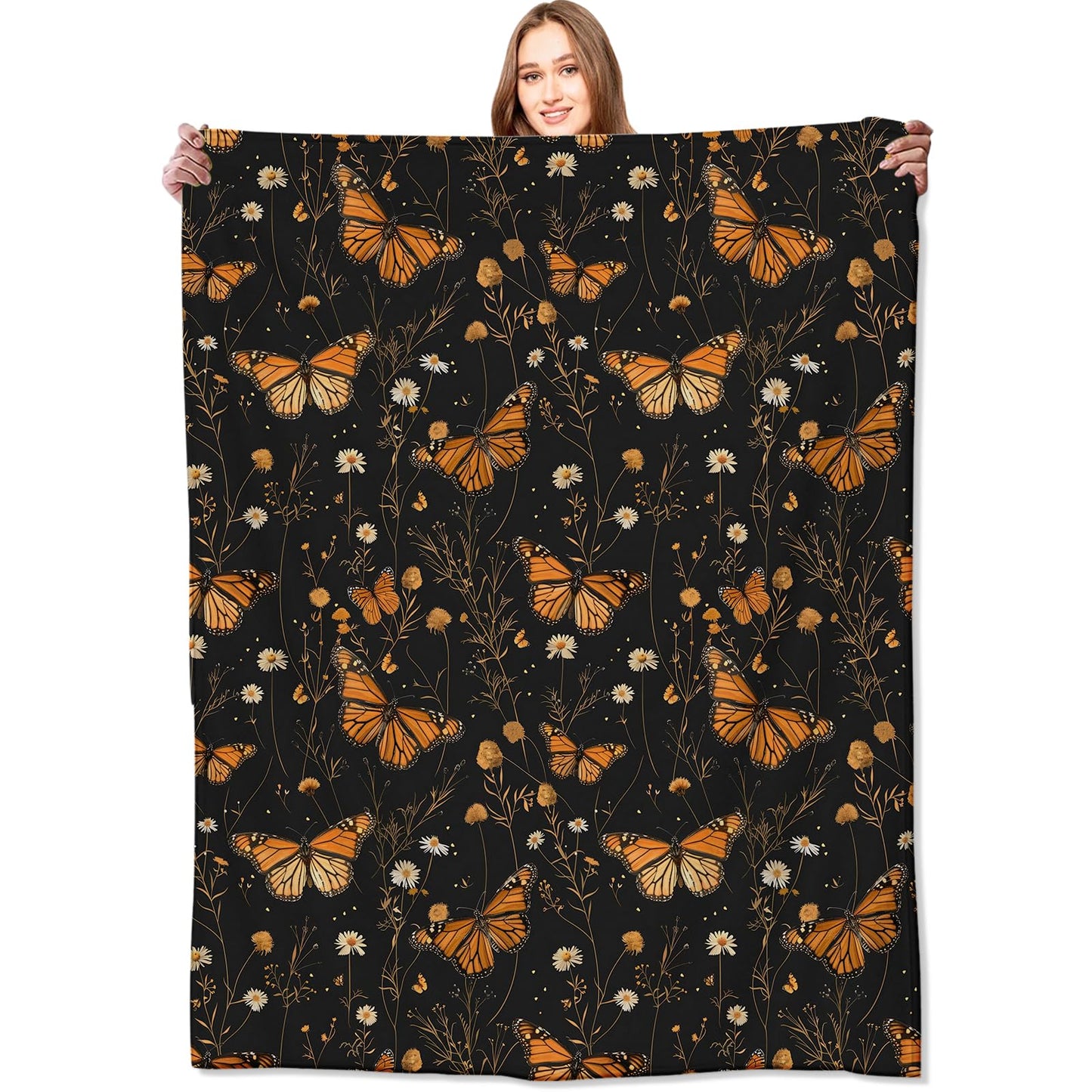 VODRM Butterfly Garden Blanket Floral Black Throw Blankets Gifts for Girls Women Adults Lightweight Soft Fleece Cozy for Sofa Couch Bed Room Travel Birthday Party Decor 50x60in