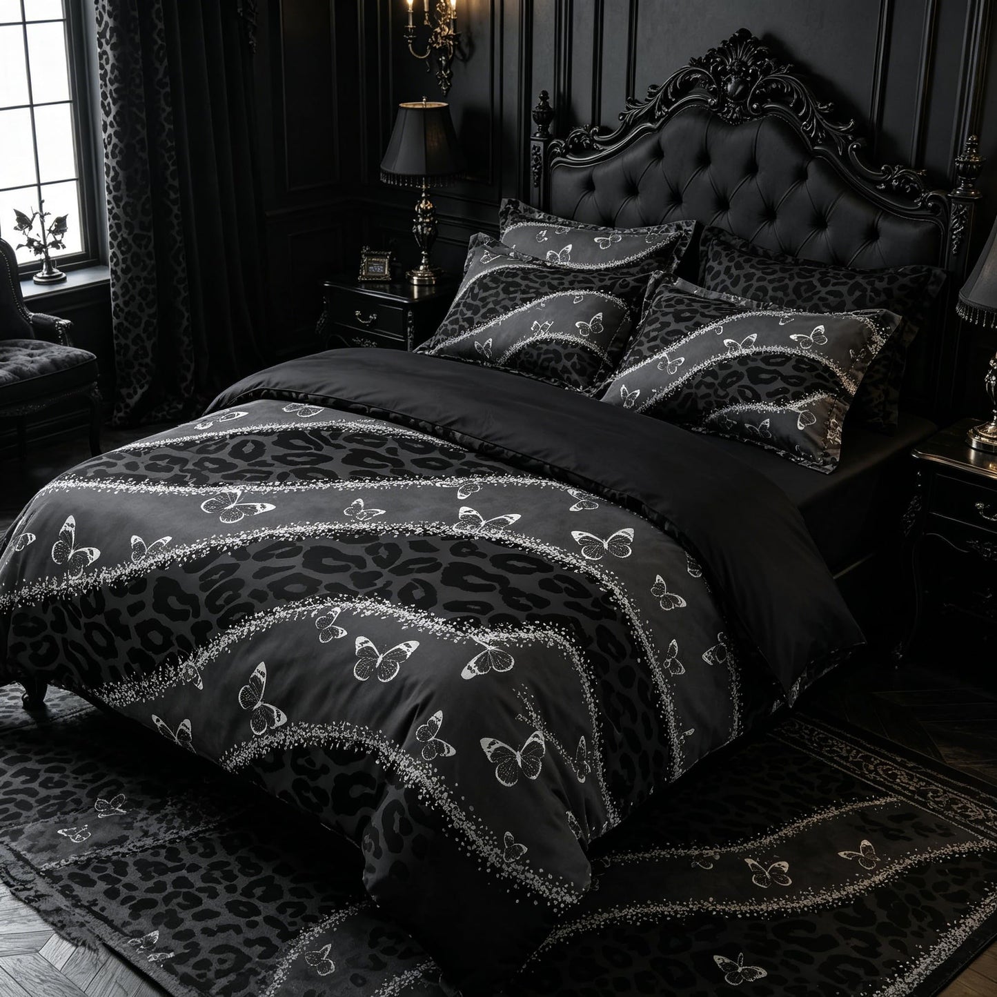 CCoutueChen Black Gothic Comforter Set Queen, Leopard Butterfly Bedding Set with 2 Pillowcases - 3 Pcs Soft Fluffy Breathable Microfiber Lightweight Comforter, 90"x90"