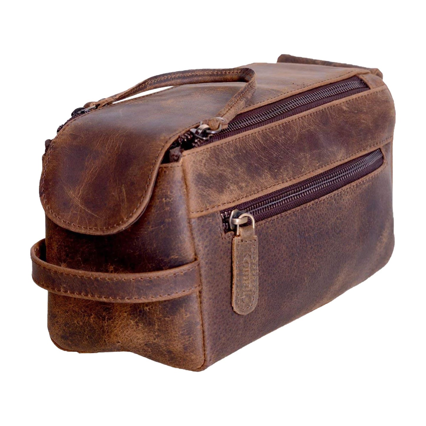 KomalC Premium Buffalo Leather Unisex Toiletry Bag Travel Dopp Kit (Distressed Tan)