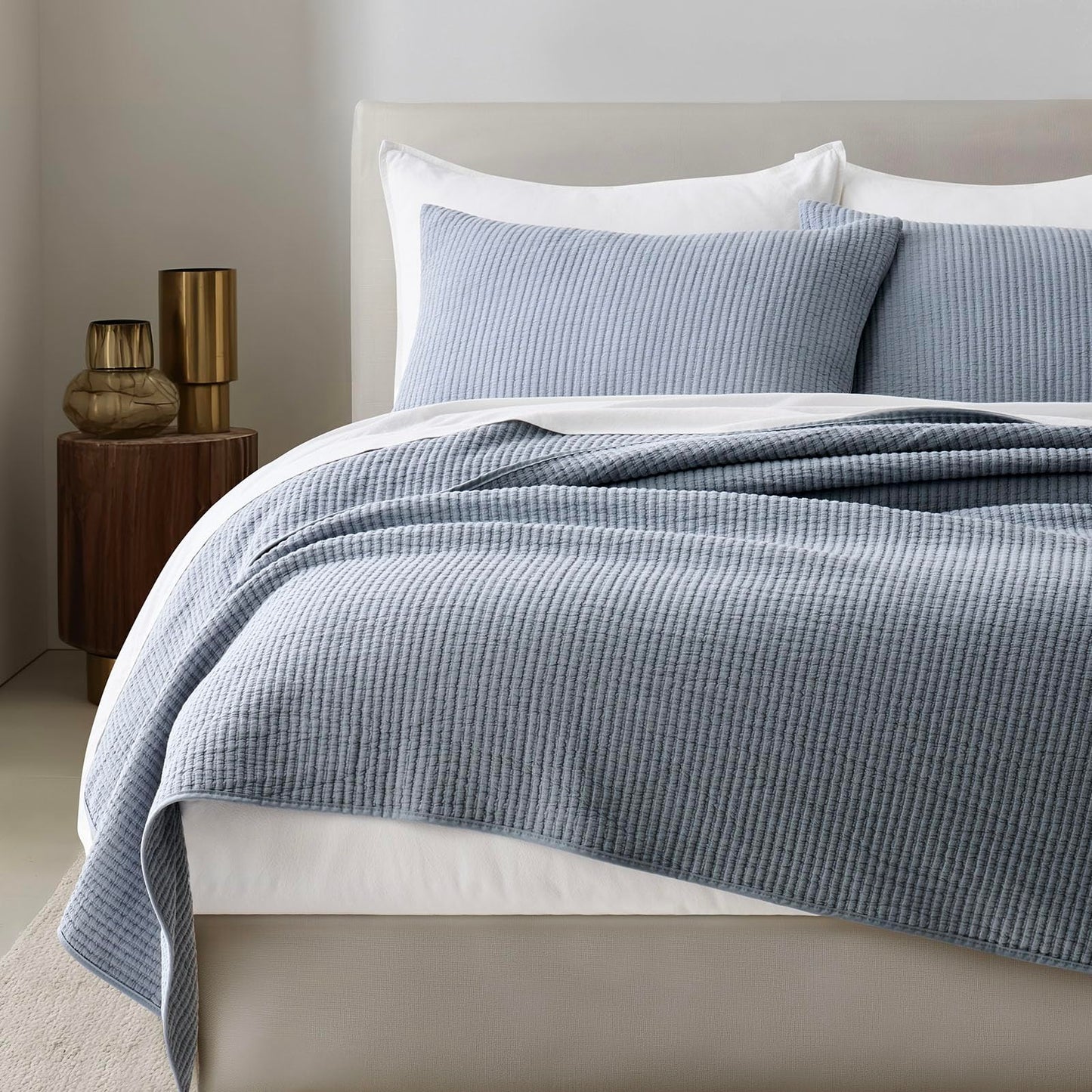EVERGRACEHOME Cotton Coverlet Set Full Queen Size 3 Pieces, Lightweight Soft Ribbed Matelassé Bedspread Quilt Set, Cozy Oversized Quilted Bedding Set with 2 Pillow Shams for All Seasons, Blue Linen
