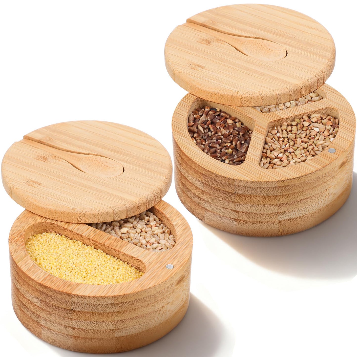 SHENLIU 2 Pack Acacia Wood Salt and Pepper Bowl Box, Built-in Spoon, 2 & 3 Compartments Spices Seasoning Container, Sea Salt Cellar Holder, Magnetic Swivel Lid Bamboo Salt Box for Salt Sugar Pepper