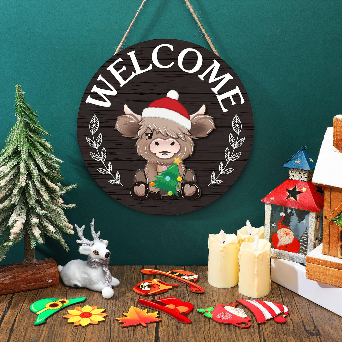 Vicenpal 35 Pcs Patriotic Interchangeable Highland Cow Welcome Sign 4th of July Highland Cow Seasonal Wooden Hanging Door Decor Farmhouse Hanging Sign for Seasons Holiday Party Decor