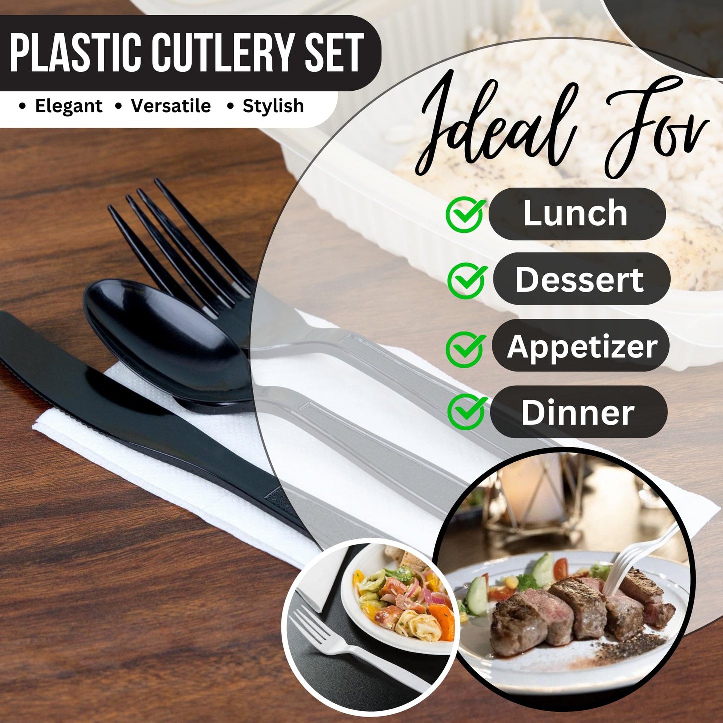 Global Basics Disposable Plastic Cutlery Packs | 125 Individually Wrapped Black Plastic Cutlery Sets | Includes Knife, Fork, Spoon, Napkin and Salt & Pepper Packets | 125 Total (125, Black Plastic)
