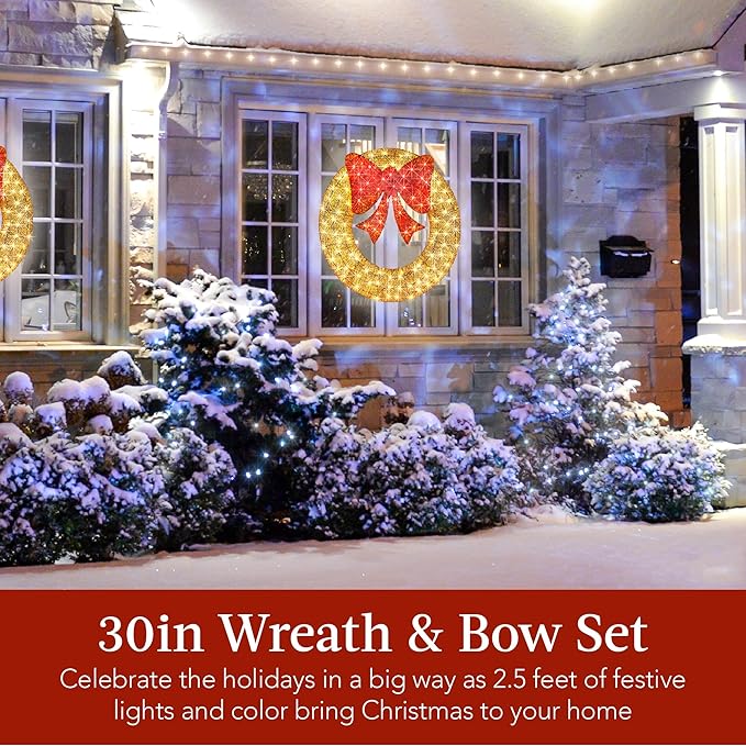 Best Choice Products 30in Pre-Lit Outdoor Christmas Wreath Decoration, LED Metal Holiday Decor for Home w/ 100 Lights, Bow - Gold/Red