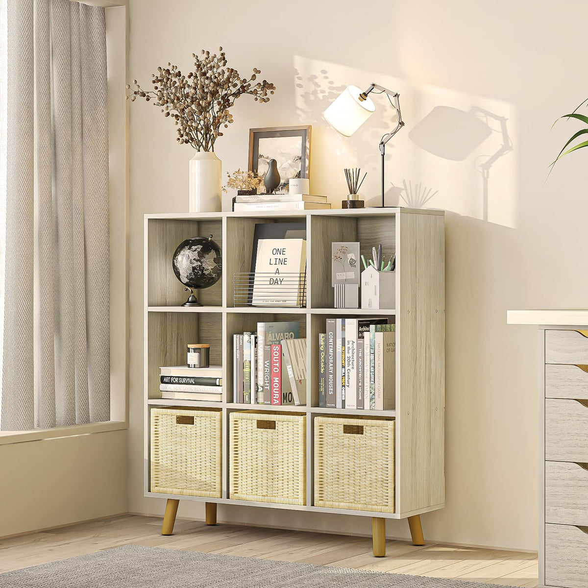 ELYUP 9-Cube Open Shelf Bookcase - 3-Tier Wooden Floor-Standing Bookshelf with Legs and Backpanel, Ideal for 11-inch Fabric Storage Bins and Miscellaneous Organizer, Oak