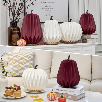4Pcs Paper Pumpkin Table Decorations, Fall Pumpkin Honeycomb Centerpieces 3D Paper Honeycomb Pumpkins for Thanksgiving Autumn Halloween Home Table Decor (Burgundy and White)