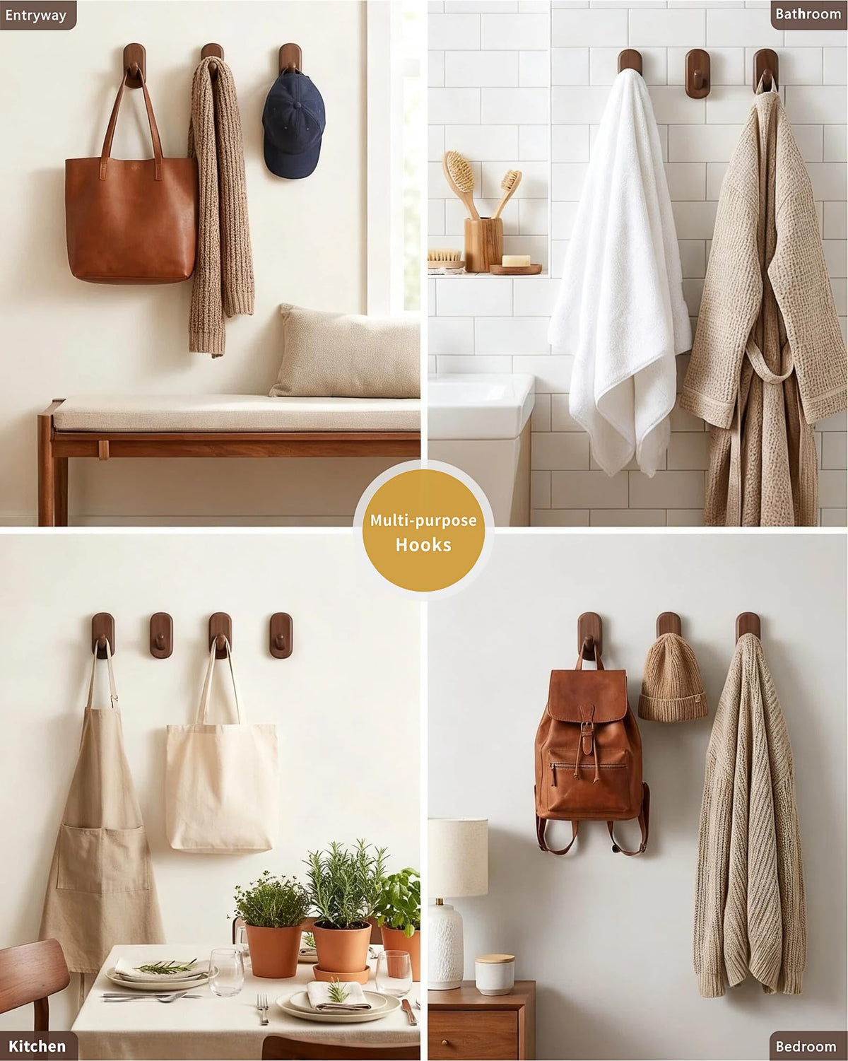 FCOWK Wooden Wall Hooks for Hanging - 4 Pack Heavy Duty Coat Hooks Wall Mount- Solid Walnut Wood Hat, Bag, Backpack & Towel Hooks - Modern Key Holder for Bathroom & Entryway (Dark Walnut)