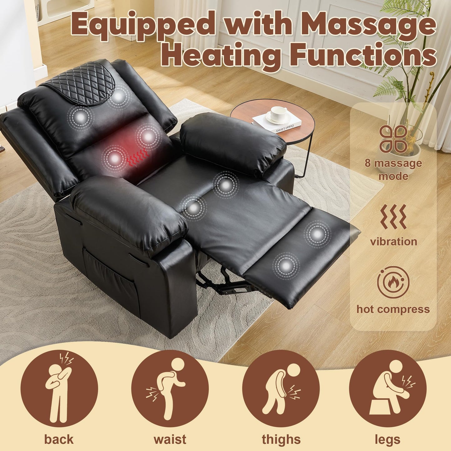 Adult Manual Recliner with Heating and Massage Functions (135° Front and Rear Adjustment) - Equipped with Side Storage Pockets and Remote Control, Suitable for Living Room and Bedroom(Black)