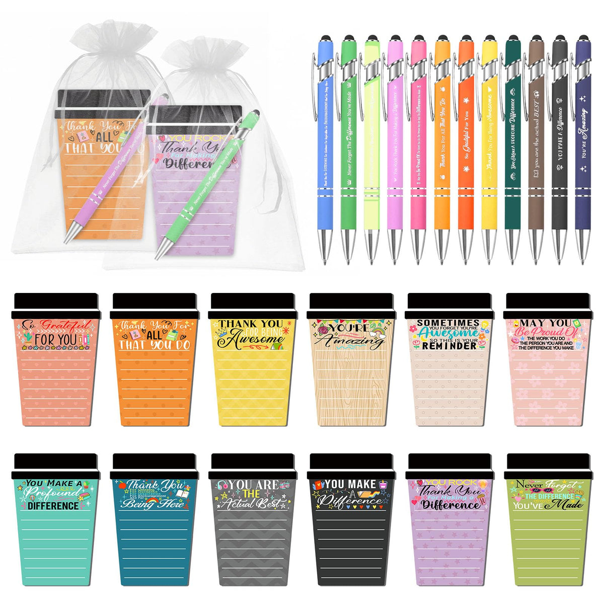 12 Sets Employee Appreciation Gifts Bulk Coffee Cup Sticky Notes with Inspirational Pens, Funny Notepads Motivational Ballpoint Pen Thank You Gifts for Coworker Teacher Nurse Office Supplies