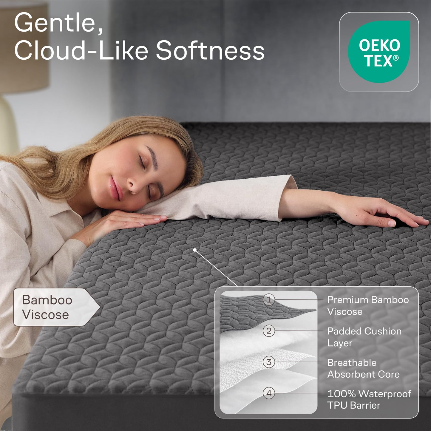 100% Waterproof Queen Mattress Protector - 360 Protection Against Spills, Stains & Accidents for Parents & Pet Owners - Noiseless & Cooling Viscose Made from Bamboo (Gray)