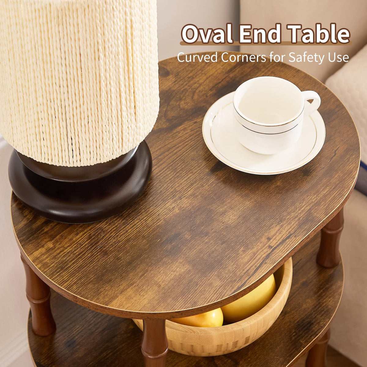 Orvado Side Table, 3-Tier Oval Accent Small End Table, Modern Oval Nightstand Accent Table for Small Space, Bedrooms, Living Room, Easy to Assemble, Rustic Brown