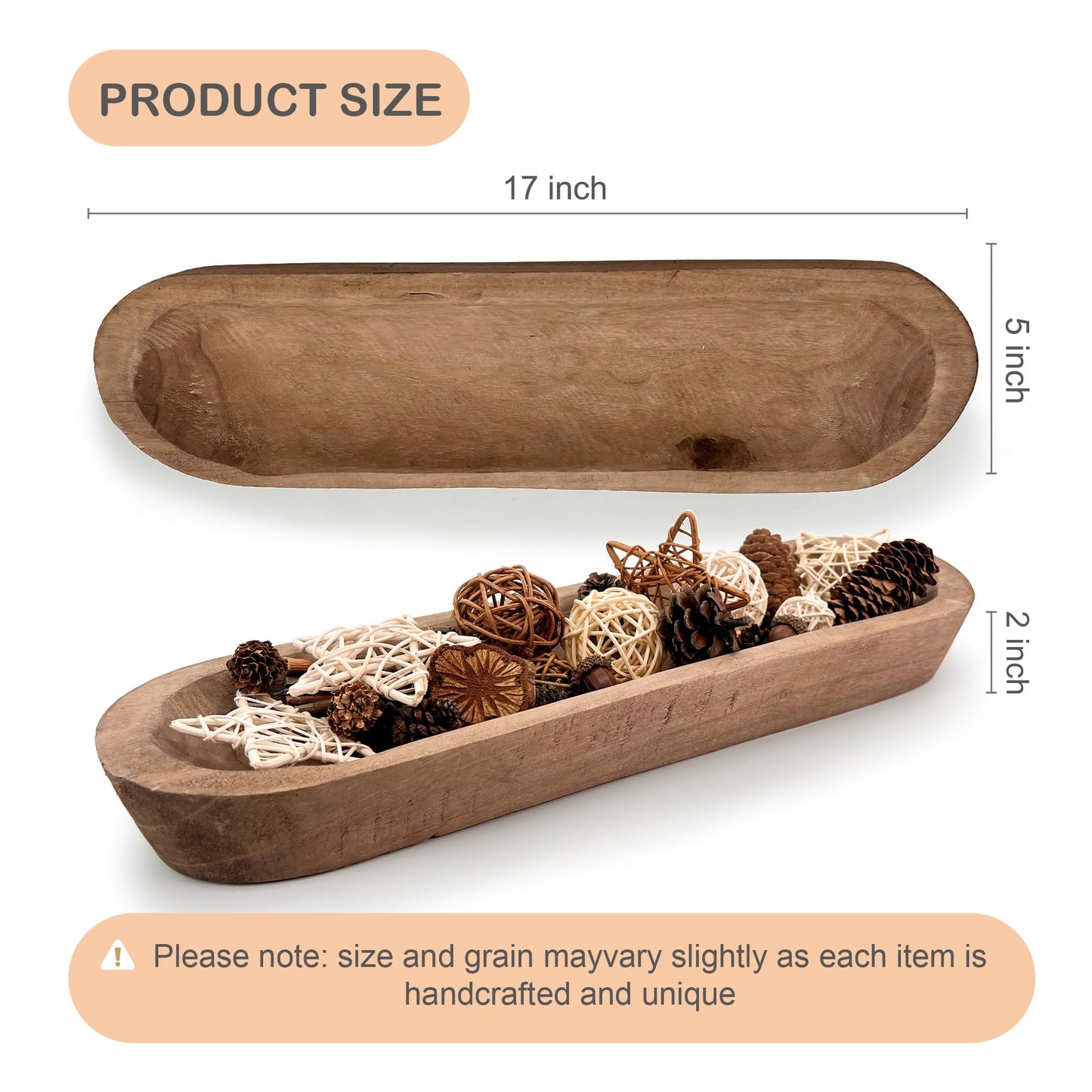 MOLADRI 17 Inch Wooden Dough Bowls Decorative，Unique Centerpiece Bowl, Rustic Long Wood Bowl with Hand Carved for Table Centerpiece Decor, Farmhouse Boho Rustic Style Home Decor (17" x 5" x 2" Brown)