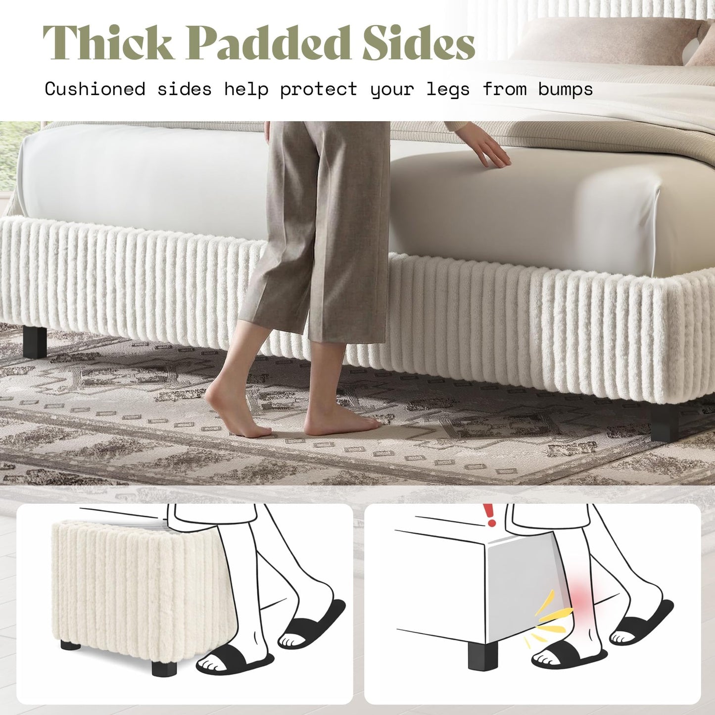 AMERLIFE Queen Bed Frame, Upholstered Metal Platform Bed with Vertical Channel Tufted Headboard, Soft Fabric & Strong Metal Slats, Noise-Free/Easy Assembly, White Queen Upholstered Bed and Headboard