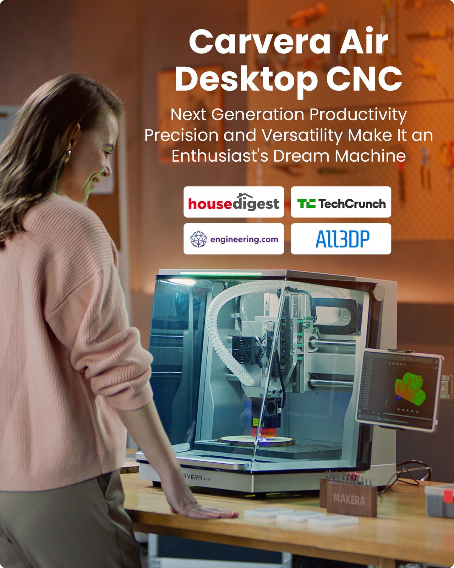 Carvera Air Desktop CNC Machine with 4th Axis and PCB Kit, Compact Enclosed Mini CNC Router Mill, Quick Tool Changer Closed-Loop Control, Makera CAM, High Precision for DIY Makers Workshops Metal Wood