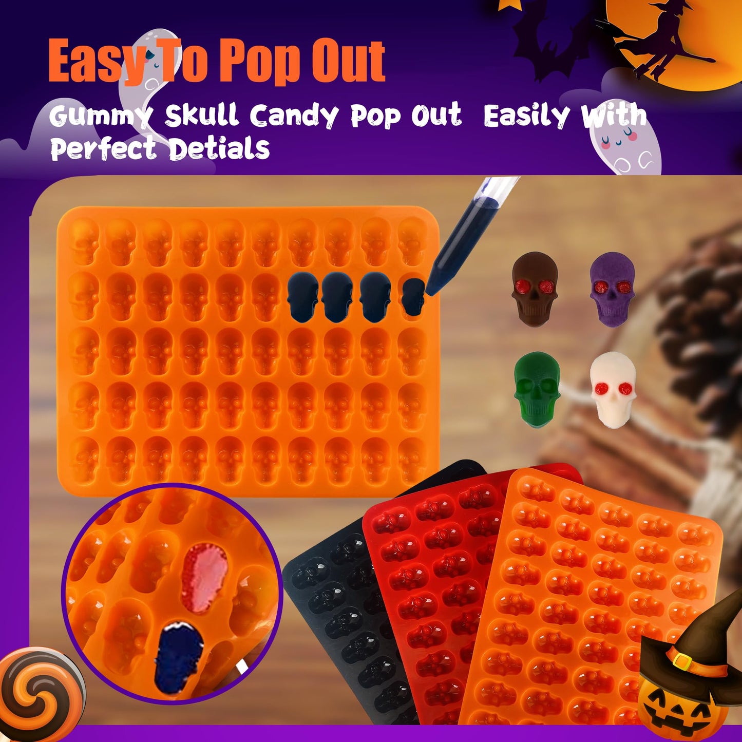 RUGVOMWM 3 Pack Halloween Gummy Skull Candy Molds Silicone,Halloween Mini Skull Mold with 2 Droppers for Chocolate, Candy,Ice Cube - Orange，Red，Black