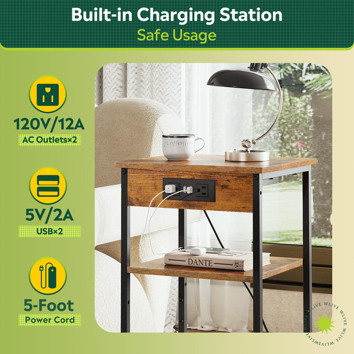 WLIVE End Table with Charging Station, Small Night Stand with Storage Adjustable Shelf, Side Tables for Small Spaces, Bedside Tables for Living Room, Bedroom, Rustic Brown