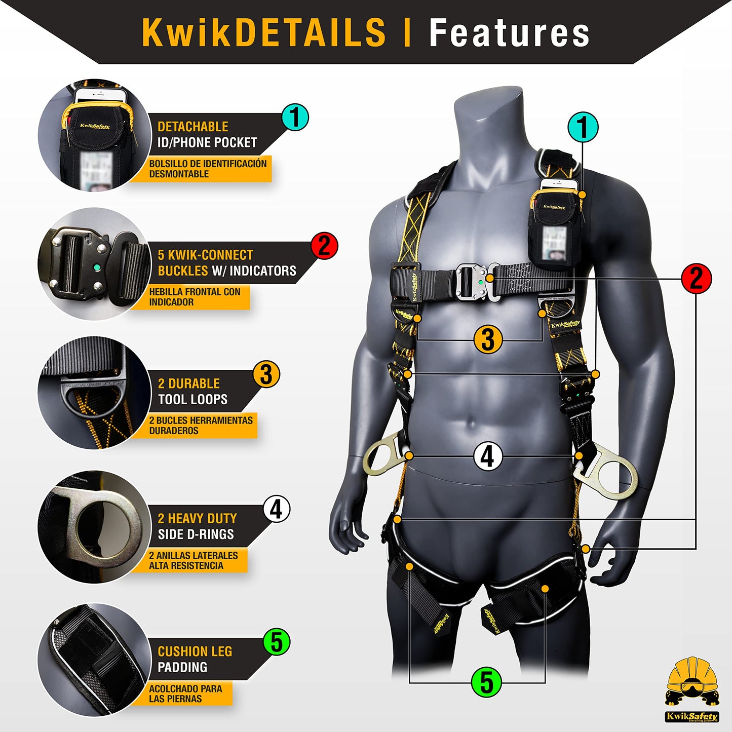 KwikSafety - Charlotte, NC - THUNDER DiamondBACK Safety Harness [5 QUICK CONNECT BUCKLES + 3 D-RINGS] ANSI OSHA Premium Fall Protection Black Full Body Fall Arrest Construction Roofing Gear