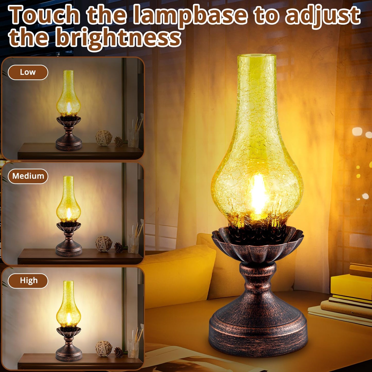 LEDIKON Vintage Table Lamp,Touch Control & 3-Way Dimmable Rustic Retro Farmhouse Bedside Lamp with Amber Glass Shade and LED Bulb for Bedroom, Living Room, Cabin, Office