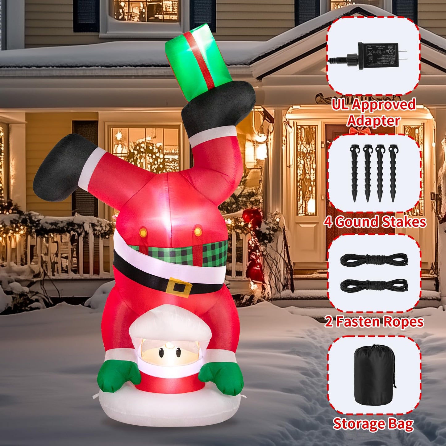Christmas Inflatables Outdoor Decorations, 8 FT Handstand Santa Claus with 3 LED Lights Large Blow Up Yard Decor, Christmas Party Outdoor, Yard, Garden, Lawn Winter Decorations Ornaments