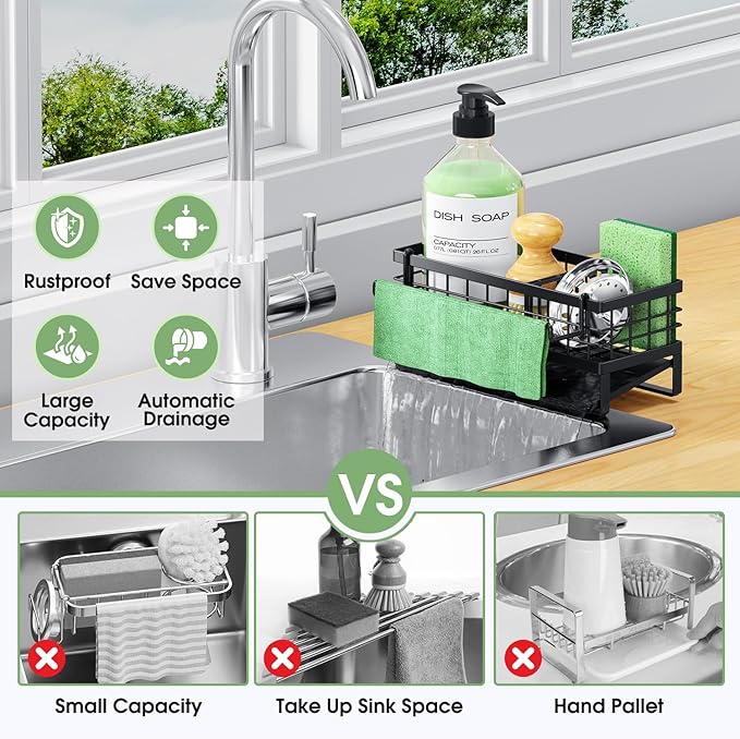 Self-Draining Kitchen Sink Caddy, Rustproof Non-Slip Metal Sponge Holder