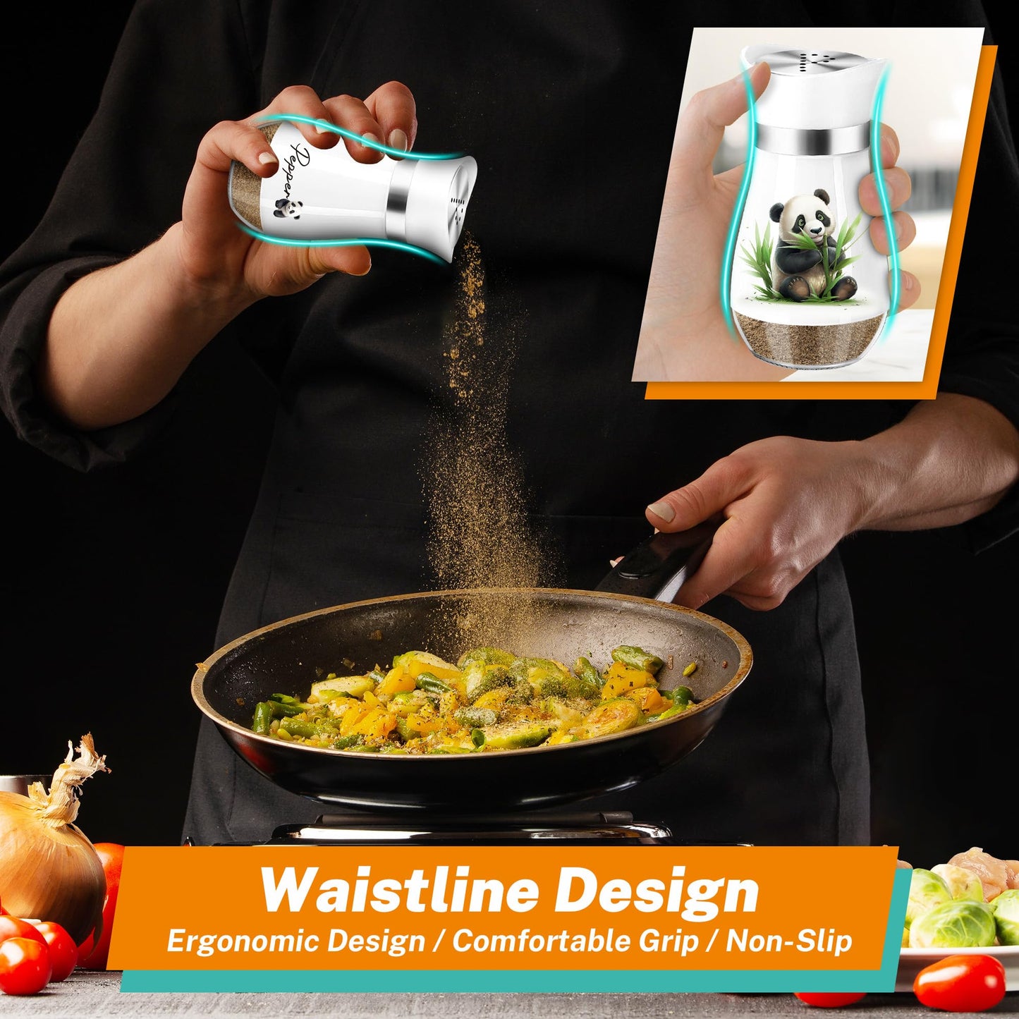 Panda Salt and Pepper Shakers Set,4 oz Glass Bottom Salt Pepper Shaker with Stainless Steel Lid Kitchen Decor and Accessories Refillable Design(Panda Eatting)