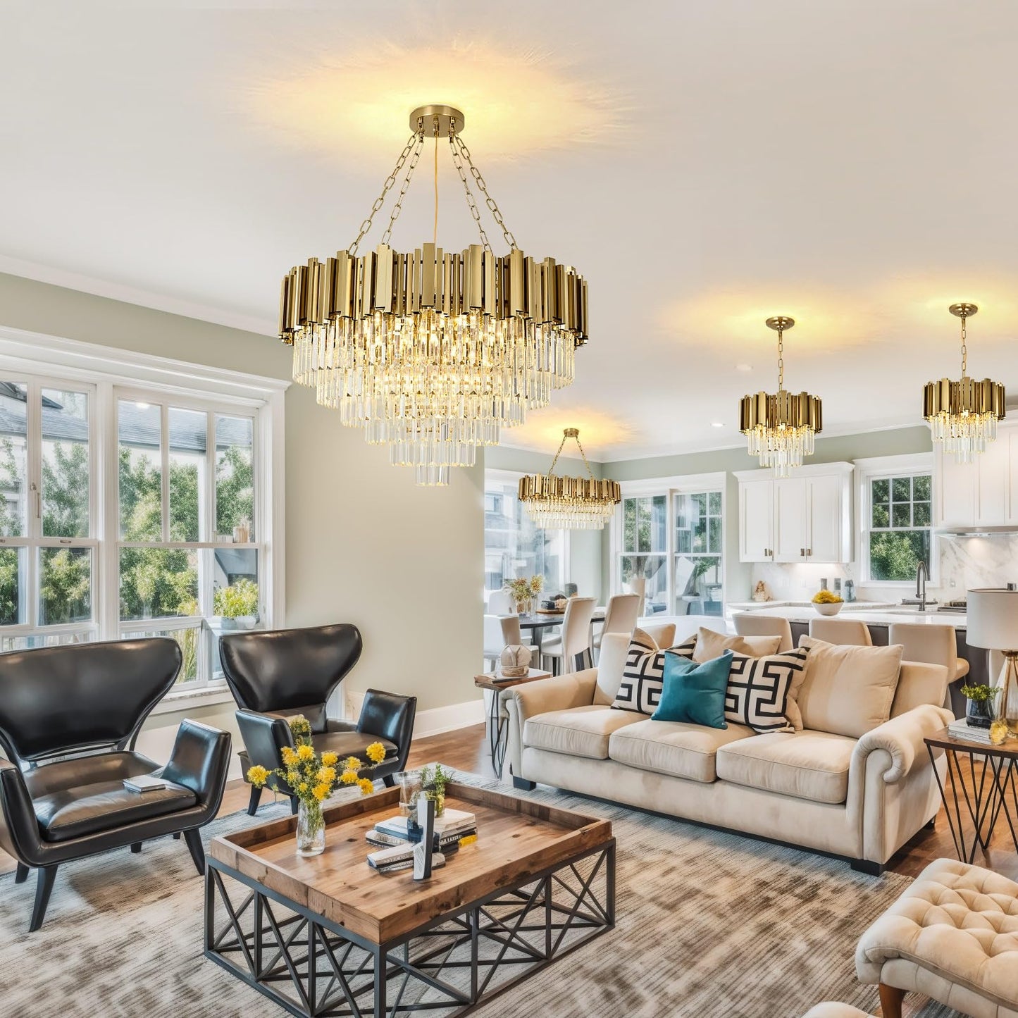 AOOCHOK Modern Crystal Chandelier Gold Pendant Light Fixtures, Round Crystal Pendant Lighting for Living Room, Dining Room, Bedroom, Restaurant, E12 x 12, Φ30inch