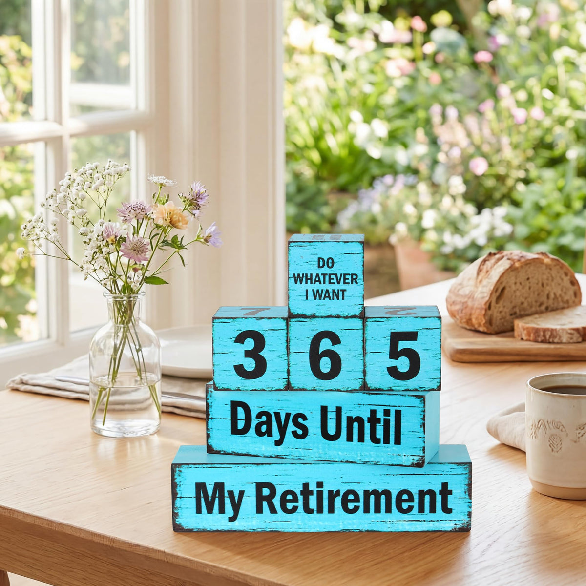 7 Pcs 365 Days Retirement Countdown Wooden Table Decor, Retire Activities Decision Dice Table Decorations for Home Office