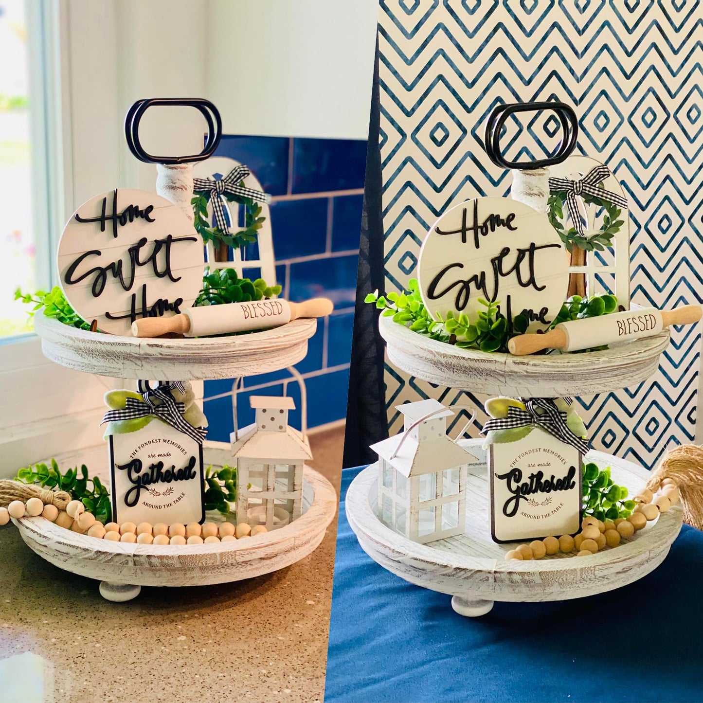 Houmury Set of 17 Farmhouse Tiered Tray with 1 Lantern Artificial Plant& Cutting Board Sign for Rustic Home Sweet Home Kitchen Decor Tier Tray Decor Set