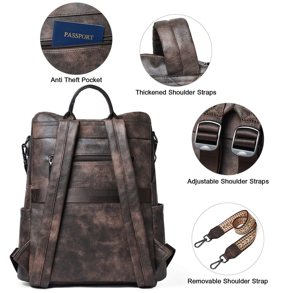 Shrrie 15.6 inch Laptop Backpack for Women,Large Leather Backpack Purse,Travel,Carry on,Water Resistant Casual Laptop Backpacks,College Backpack,Work Backpack for Women,Two-toned Coffee
