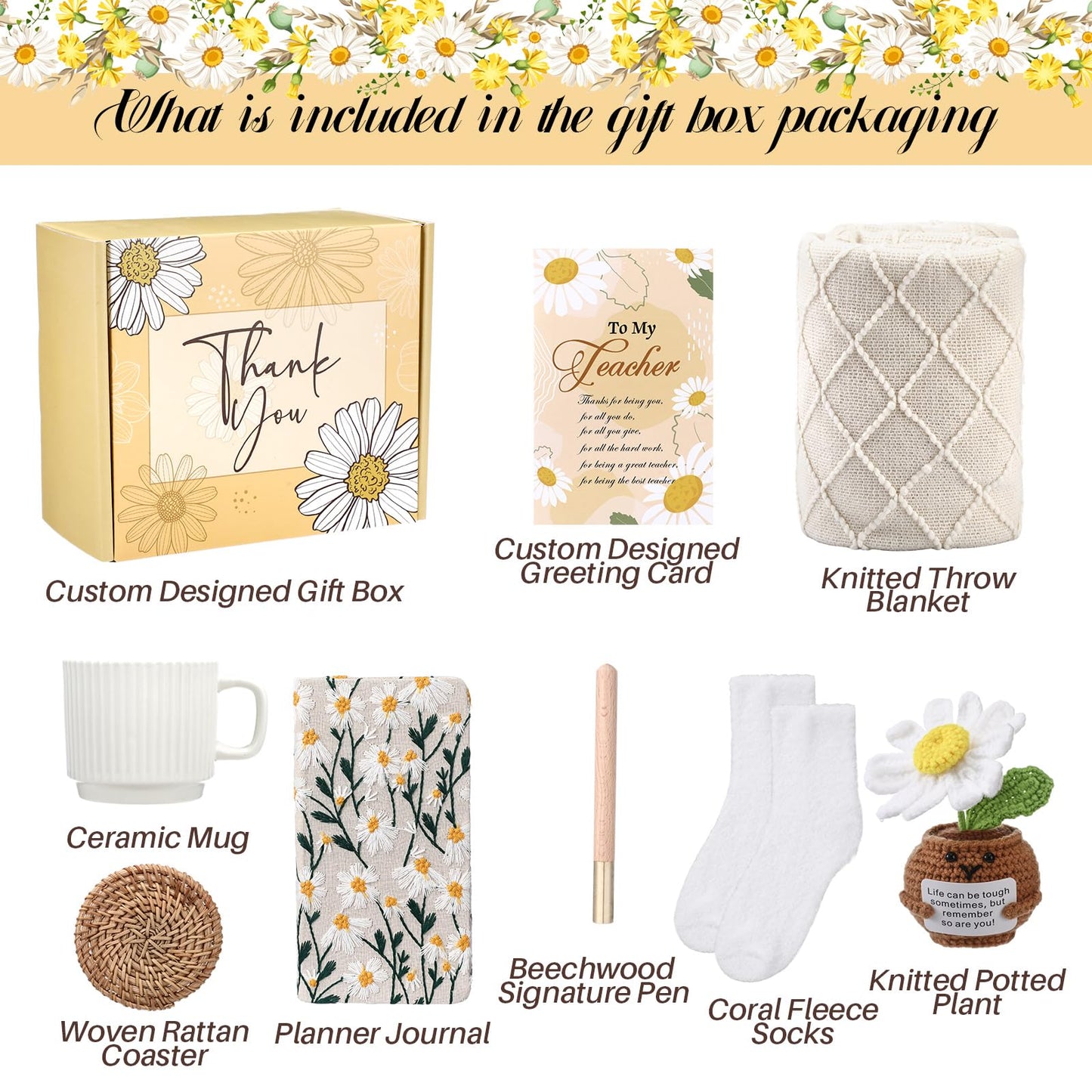 Remerry Teacher Appreciation Gift Box for Women End of Year Thank You Teacher Gift from Student Blanket Mug Coastal Journal Socks and Greeting Card for Teachers Women Graduation Set of 9(Daisy)