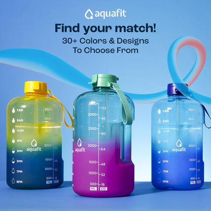 AQUAFIT 1 Gallon Water Bottle with Time Marker - Straw & Chug Lid - BPA Free Gym Water Bottle with Straw - Big Gallon Jug (Gray, 128 oz - 2 Lids)
