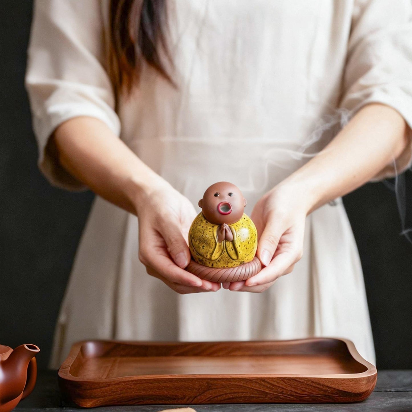 Ceramic Little Monk Incense Burner for Cones & Sticks, Cute Buddha Incense Holder with Mouth Smoke Effect, Zen Home Decor Meditation Gifts