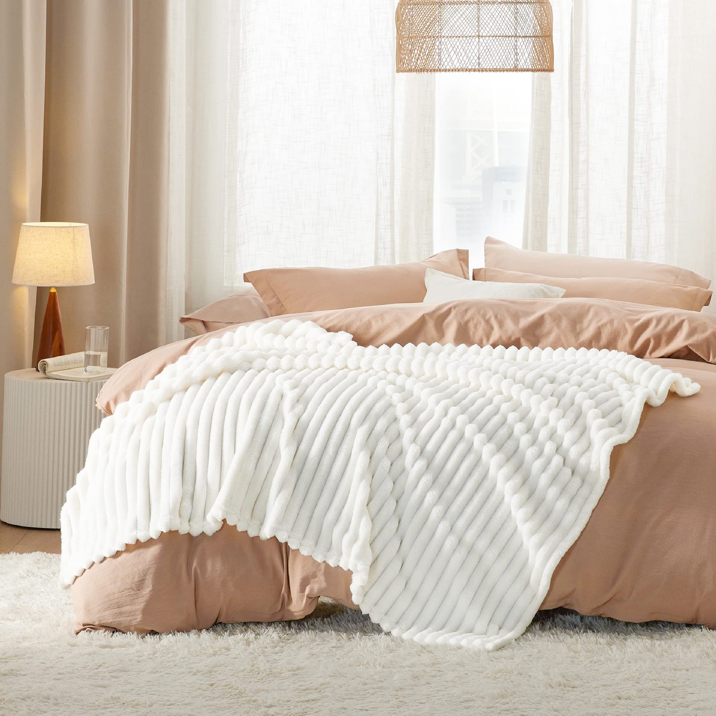 Bedsure White Fleece Throw Blanket for Couch Light Brown Fleece Blanket for Couch