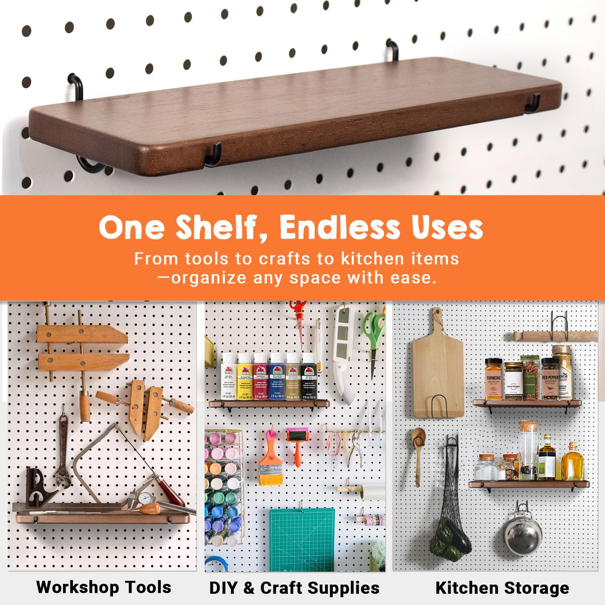 SEMPOMA Walnut Finish Solid Wood Pegboard Shelf for 1/4" Metal Pegboard