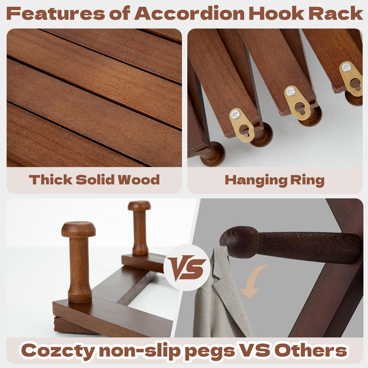 Cozcty Accordion Wall Hanger, Wooden Hat Rack for Wall with 16 Hooks, Expandable Peg Hat Hanger Organizer, Decorative Coat Rack Hanging Baseball Caps, Bags, Scarves (Walnut)