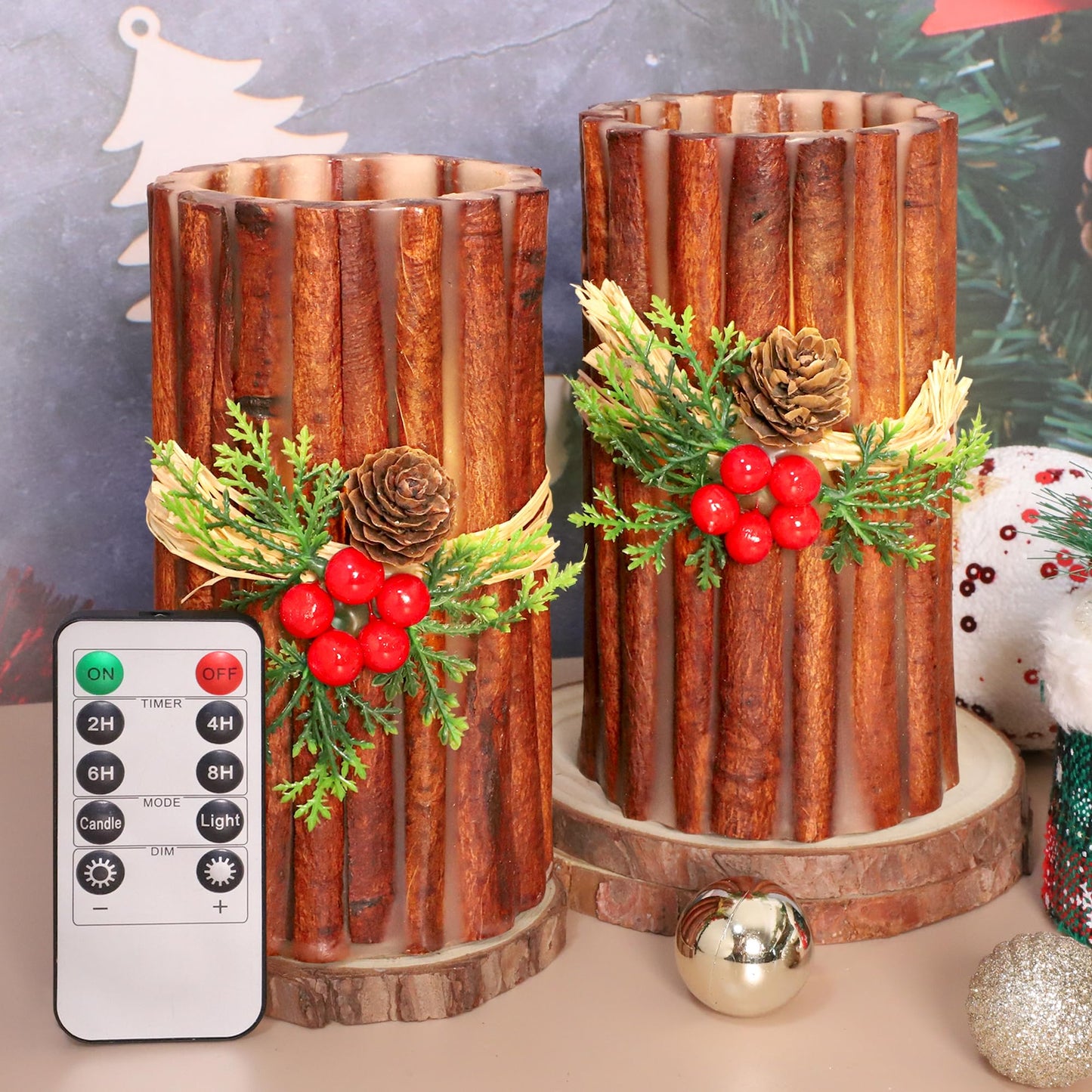Silverstro Christmas Fake Candles with Remote Embedded Cinnamon Bark Blinks Real Wax Decorative Candles for Home Party Xmas Holiday Decorations - D3.23 X H6 Set of 2