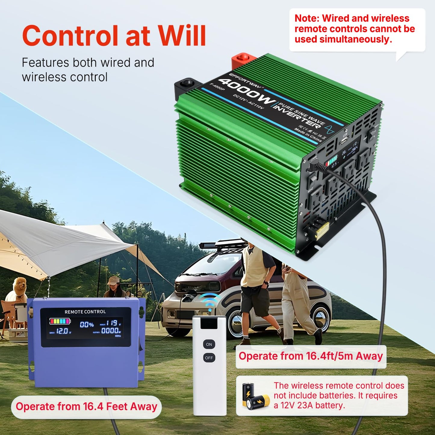 EFFORTWAY 4000W Power Inverter, 12V DC to 110V/120V Pure Sine Wave Inverter with 4 AC Outlets, USB Port, Hardwire Port, Remote Controller, Car Power Inverter for RV, Truck, Boat, Camping, Off-Grid