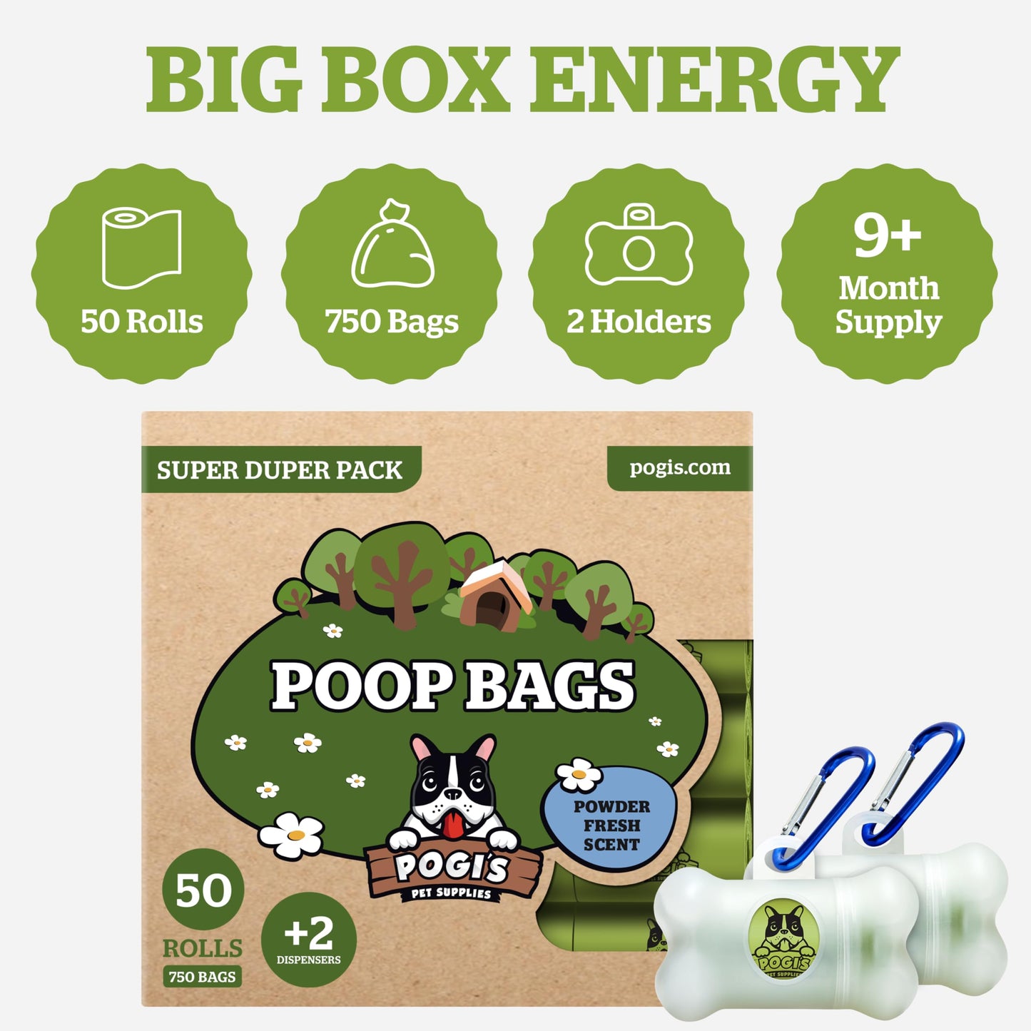 Pogi’s Dog Poo Bags – 750 Bags (50 Rolls) with 2 Dispensers – Biodegradable, Leak-Proof, Extra Strong