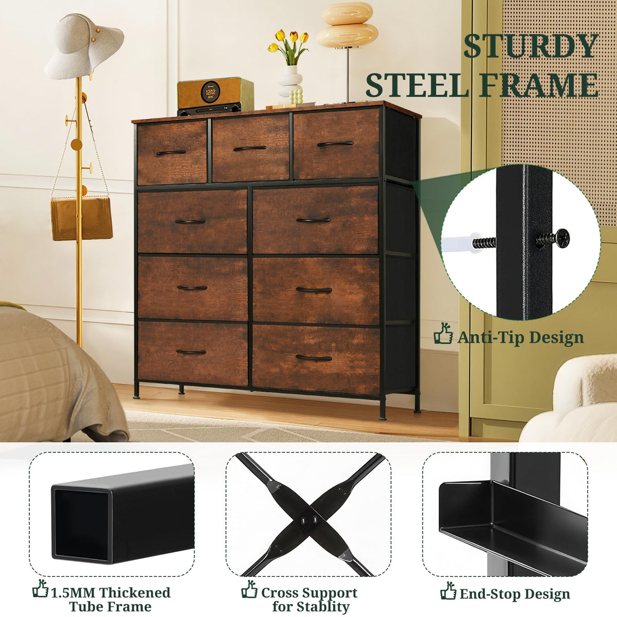 9-Drawer Dresser for Bedroom, Anti-Tip Tall Storage Organizer Chest of Drawers with Wooden Top and Metal Frame Fabric Bins for Closet, Living Room, Hallway, Entryway, Brown
