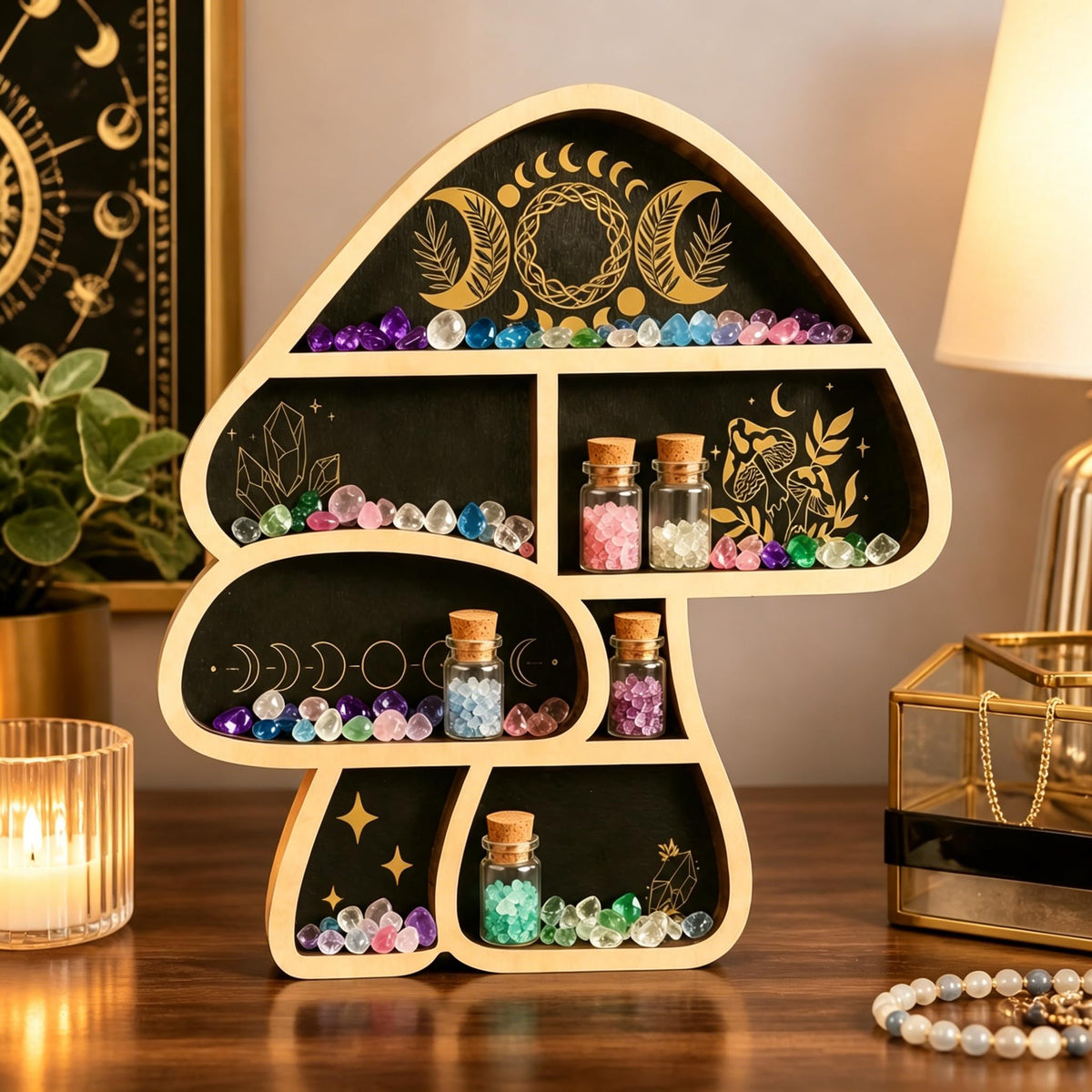 Zetosva Mushroom Gifts Floating Shelves, Crystal Display Shelf & Crystal Holder, Cute Mushroom Wall Decor and Mushroom Shelves, Trinket Shelf Rock Display Case, for Unique Home Decor