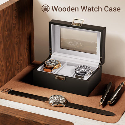 ProCase Wooden Watch Box for Men, 3 Slot Watch Display Case Mens Watch Box Organizer, Wood Watch Case for Men Watch Storage, Watch Holder Organizer with Glass Lid -3 Slot, MatteBlack