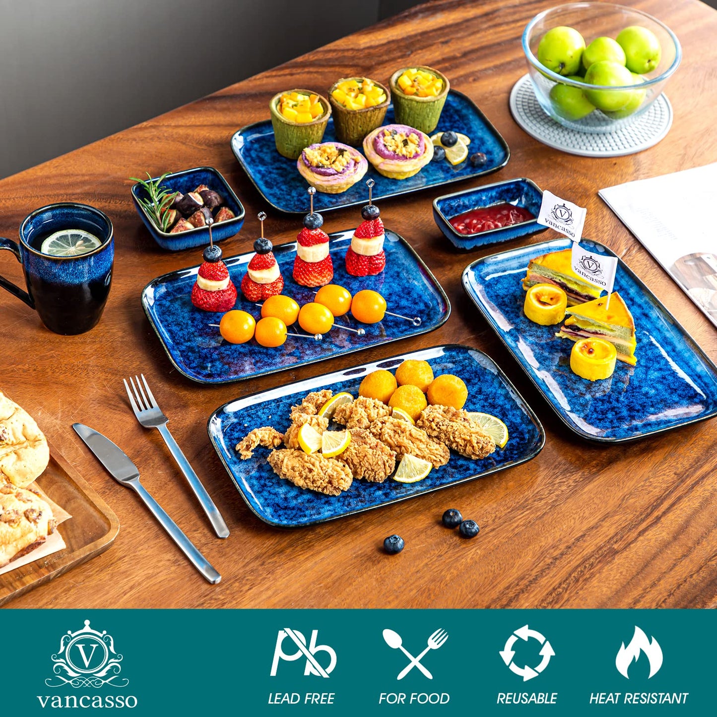 vancasso Stern Serving Platters Set of 4, 11 Inches Rectangular Ceramic Serving Plates, Blue Serving Trays for Entertaining