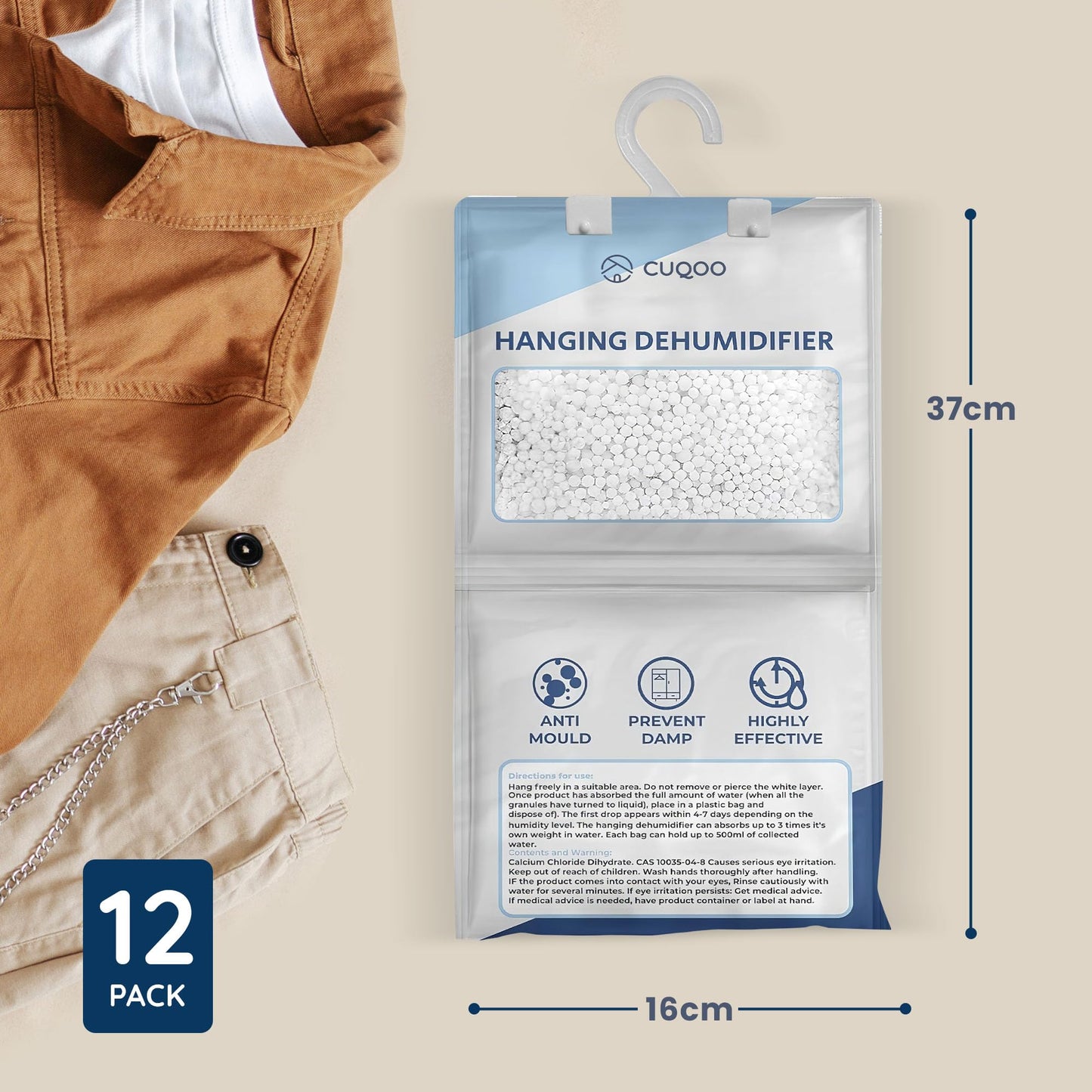 CUQOO Hanging Wardrobe Dehumidifier Bags – Disposable Moisture Absorber 12-Pack Sachets for Wardrobes; Hanging Dehumidifier Bag for Closet, Windows & Home Condensation Absorbers