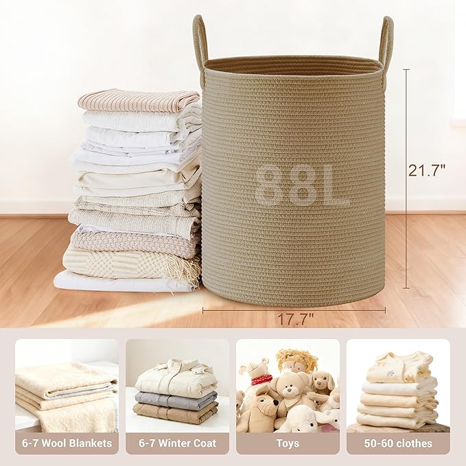 Tall Laundry Basket with Handles, 88L Portable Dirty Clothes Hamper, Boho