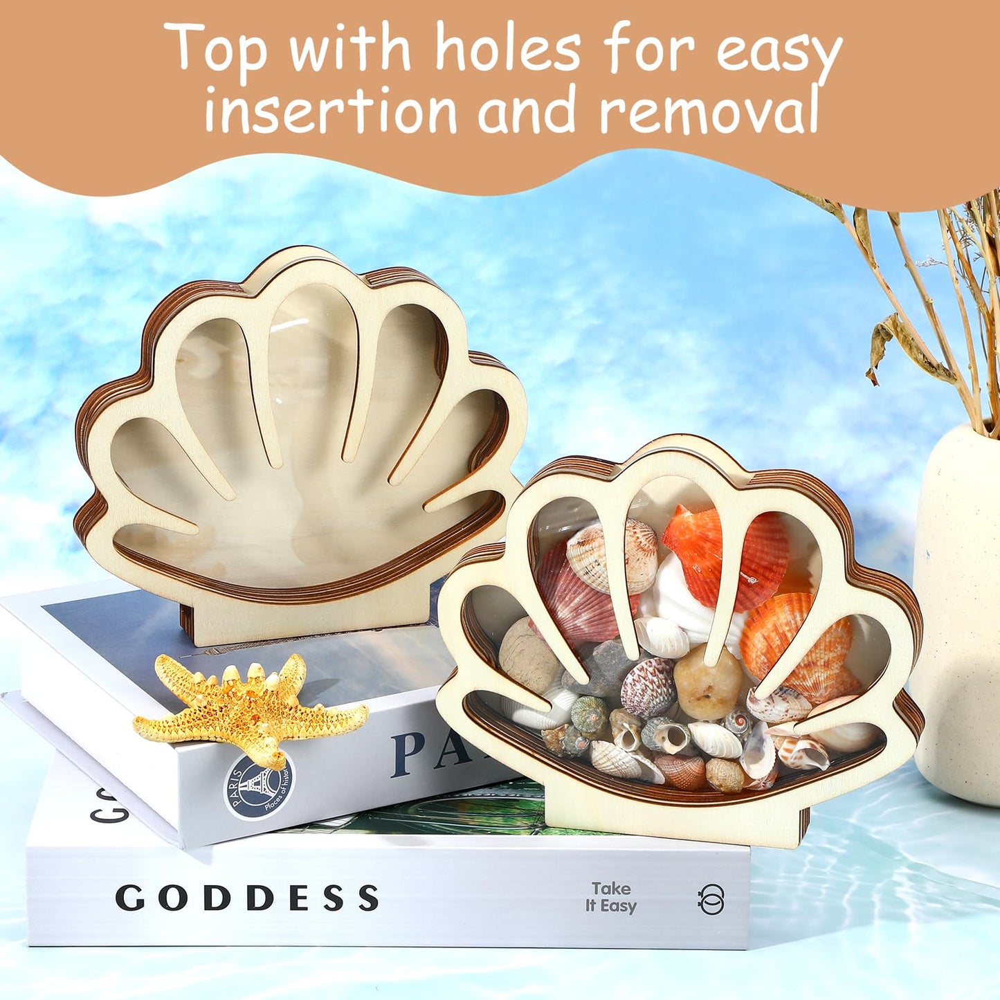 Ckhoid 2PCS Sea Shell Holder, Wooden Seashell Display Case with Clear Window, Small Shadow Storage Box for Shells Starfish Shark Tooth Keepsake, Coastal Beach Room Collection Container Decor Gift