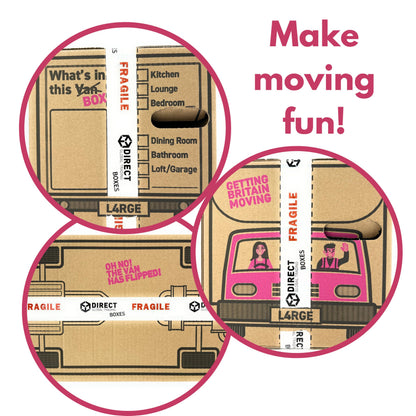 25 Strong Large Cardboard Storage Packing Moving House Boxes with Fragile Tape 52cm x 30cm x 30cm 47 Litres Carry Handles and Room List