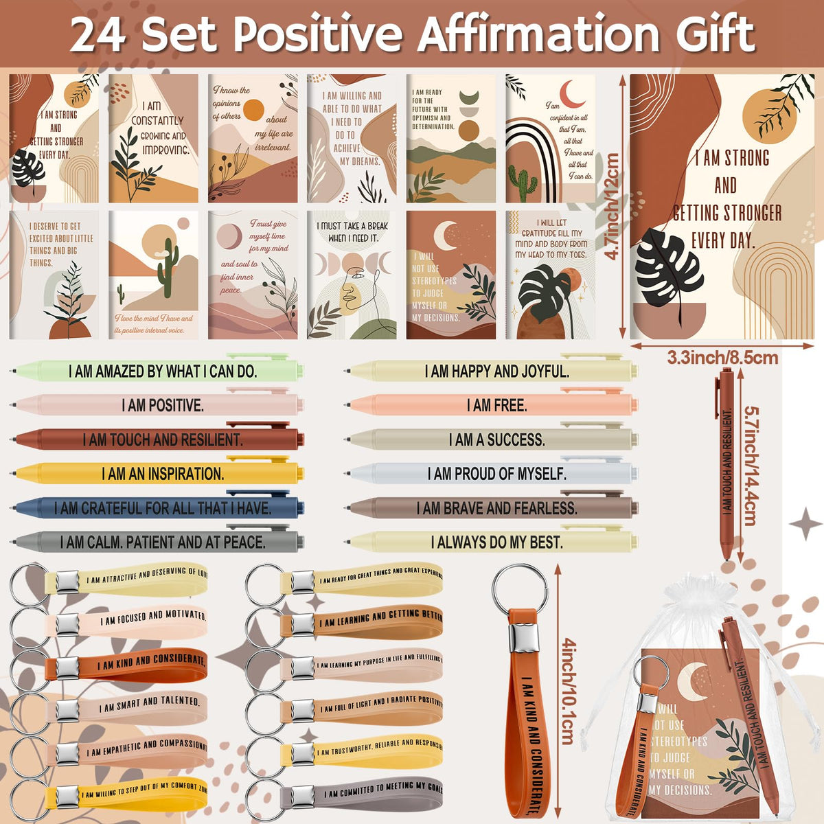 Mooliwe Positive Affirmation Gift Set Gratitude Notebooks with Pens Keychains Small Bags Motivational Party Favors for Adult Women Coworkers Employee Group(24 Set,Boho)